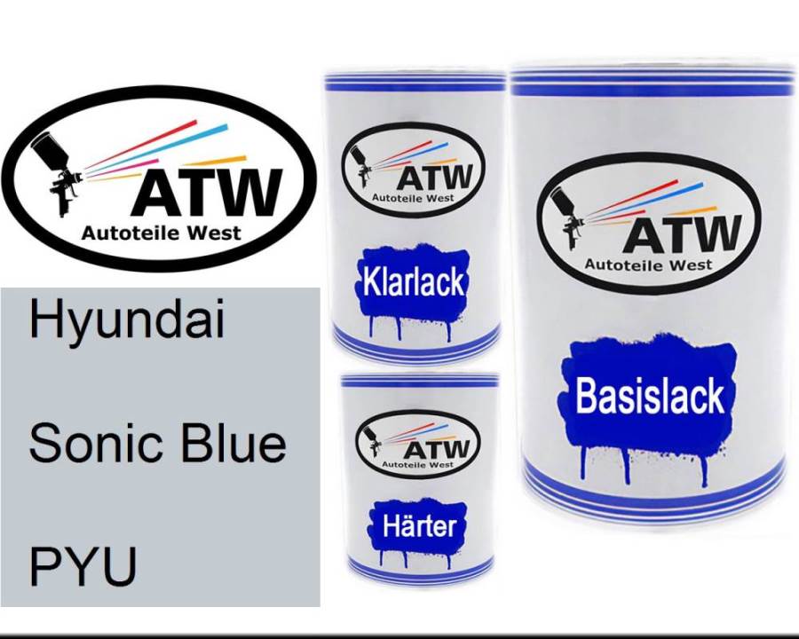 Hyundai, Sonic Blue, PYU: 500ml Lackdose + 500ml Klarlack + 250ml Härter - Set, von ATW Autoteile West.